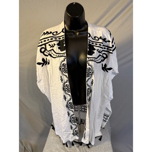 Chico's Womens White Black Pattern Duster Cardigan Sweater S/M Boho Tassels - Picture 1 of 3